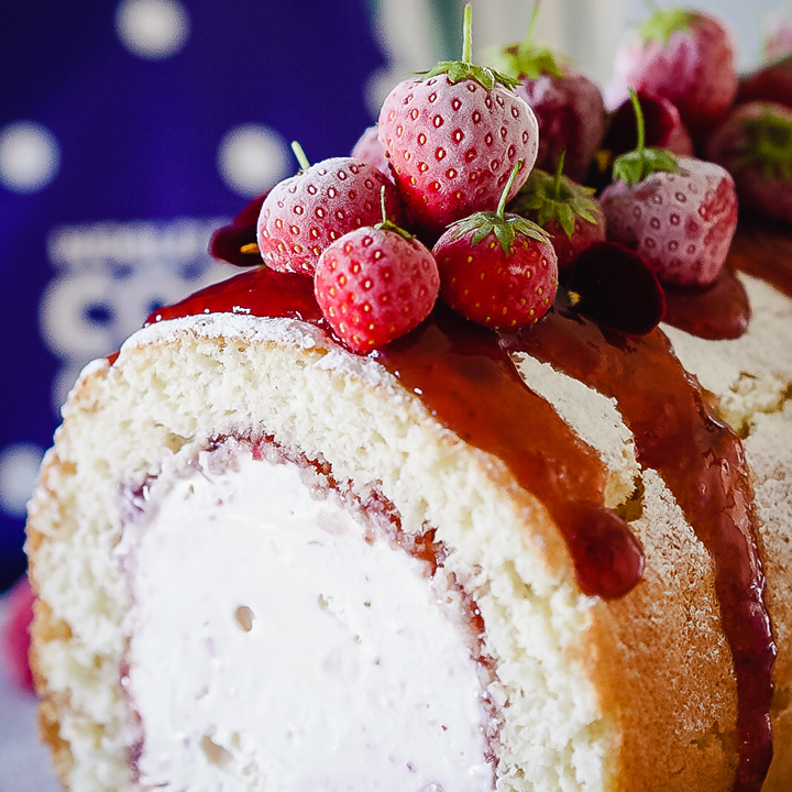 Close up of a strawberry arctic roll